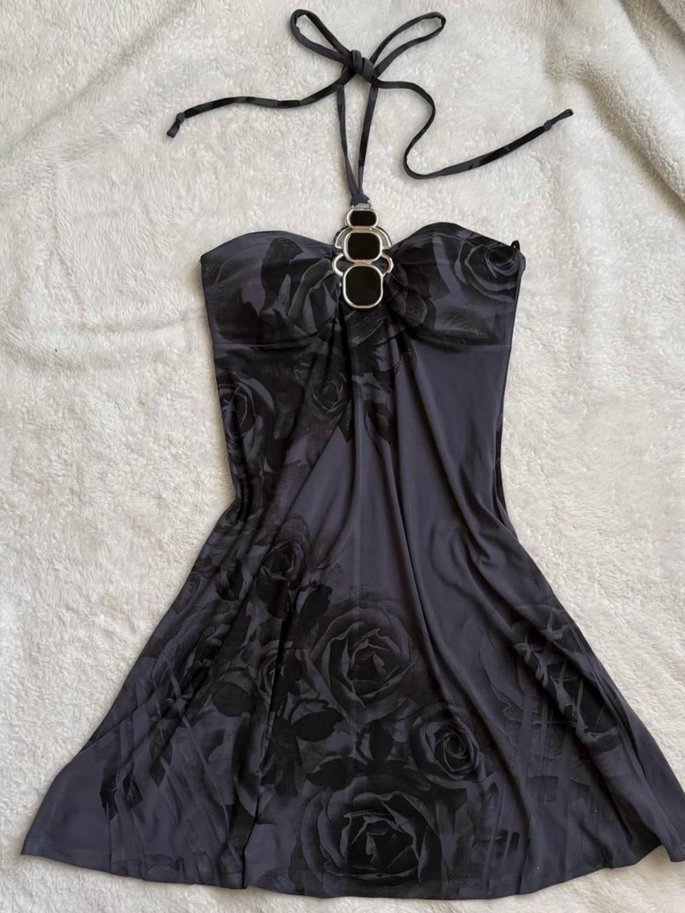 vintage 90s Vanity black and grey floral halter dress with jewel necklace
